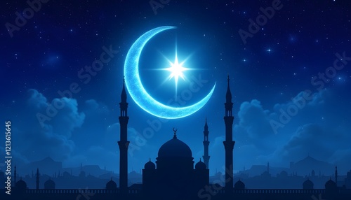 Stunning Crescent Moon Mosque Night Scene Ramadan photo