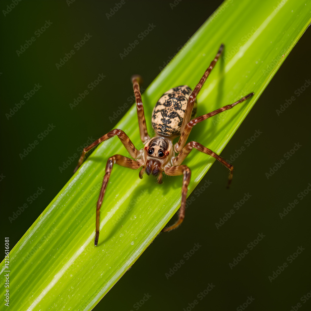 Fototapeta premium Brown spider sitting on a green leaf on greenish background