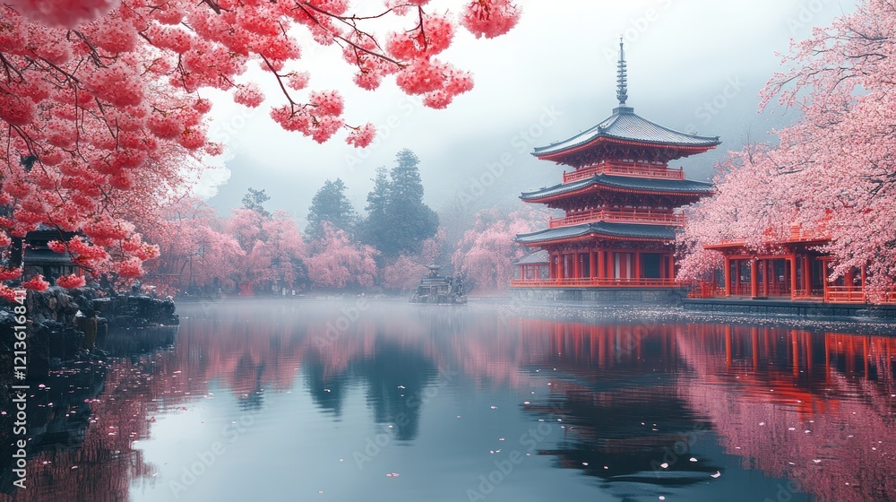 Obraz premium Misty Japanese pagoda, cherry blossoms, spring, serenity, reflection, travel poster