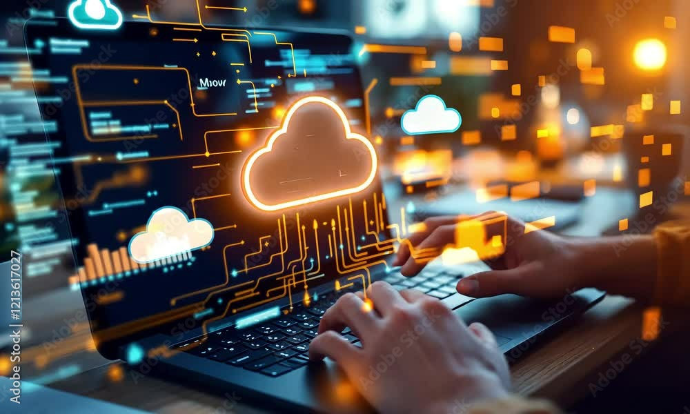 Person using laptop with cloud computing interface