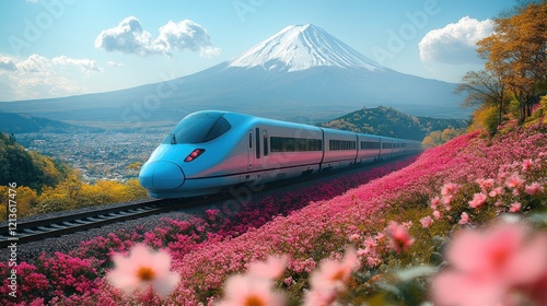 High-speed train travels scenic Mount Fuji route