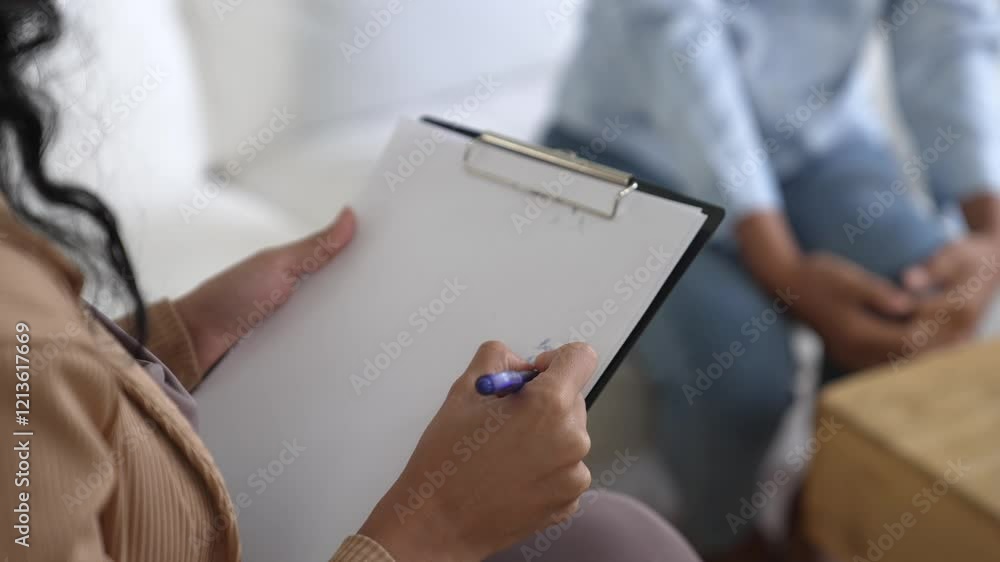 Happy patient and psychologist taking diagnostic note on clipboard during mental health conversation in clinic with while explaining crucial successful work and life to psychologist in home office Happy patient and psychologist taking diagnostic note on clipboard during mental health conversation in clinic with while explaining crucial successful work and life to psychologist in home office