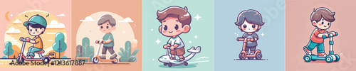 vector image of a small child playing on a scooter
