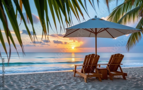 Wallpaper Mural A tranquil beach scene at sunrise with two wooden lounge chairs positioned under a white umbrella. Torontodigital.ca