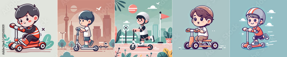 vector image of a small child playing on a scooter