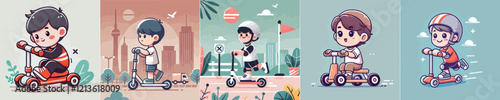 vector image of a small child playing on a scooter