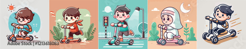 vector image of a small child playing on a scooter