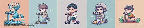 vector image of a small child playing on a scooter