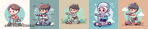 vector image of a small child playing on a scooter