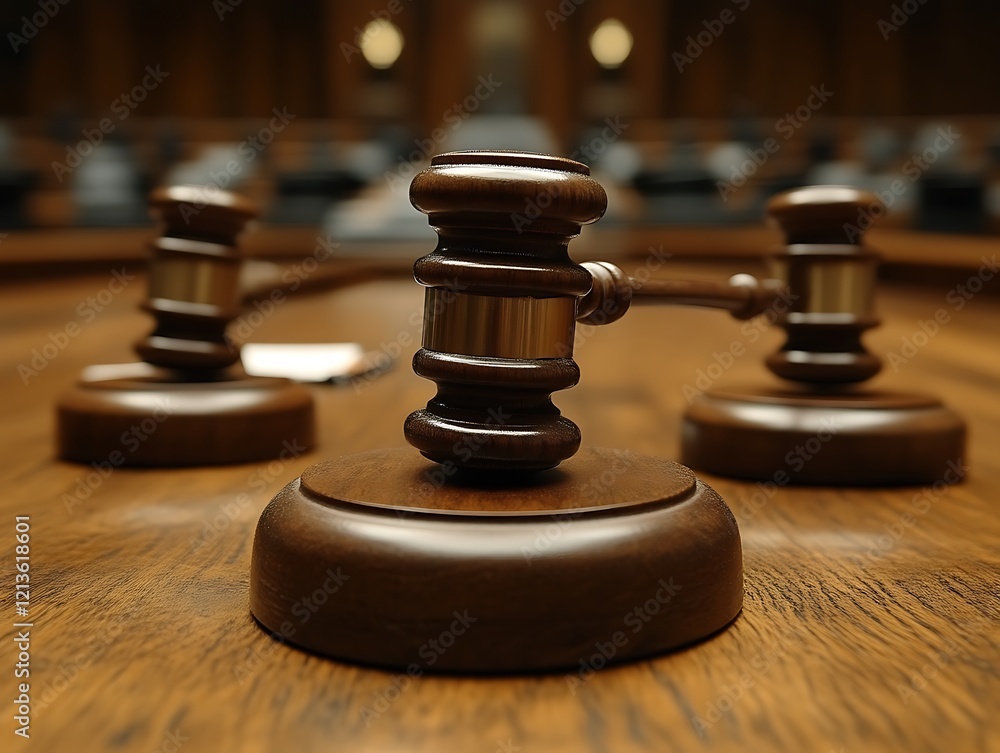 Gavel on judge's bench in courtroom. Gavel on judge's bench in courtroom.