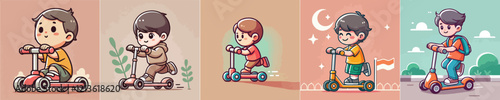 vector image of a small child playing on a scooter