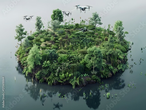 Illustration of An aerial view of an island with a protective barrier being built by activists, lush greenery reclaiming the land, and a fleet of drones planting seeds and watering plants. Ai Generate photo