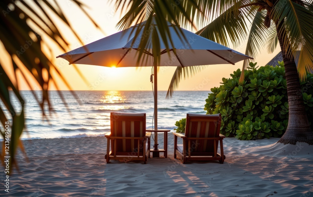 Obraz premium A tranquil beach scene at sunrise with two wooden lounge chairs positioned under a white umbrella.