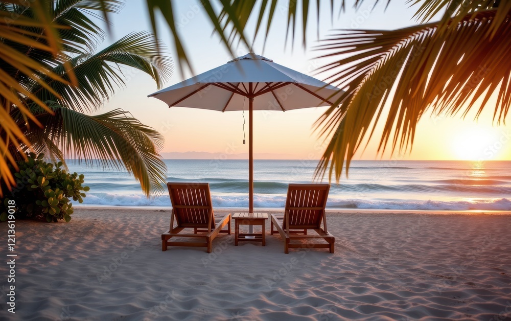Obraz premium A tranquil beach scene at sunrise with two wooden lounge chairs positioned under a white umbrella.