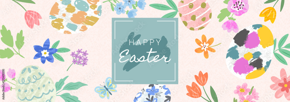 Fototapeta premium Hand-drawn cute Easter Vector banner Design. Easter Egg, Easter rabbit and Floral Background Illustration.