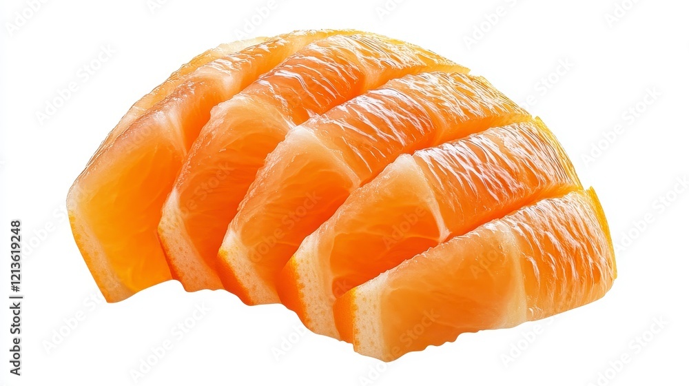 Close-up view of five juicy citrus fruit segments, arranged in a curved row against a bright white background. The image highligh Close-up view of five juicy citrus fruit segments, arranged in a curved row against a bright white background. The image highligh