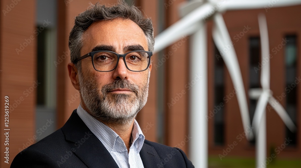 Fototapeta premium clean energy wind policy concept. Professional man with glasses stands confidently outdoors near wind turbines and modern building.