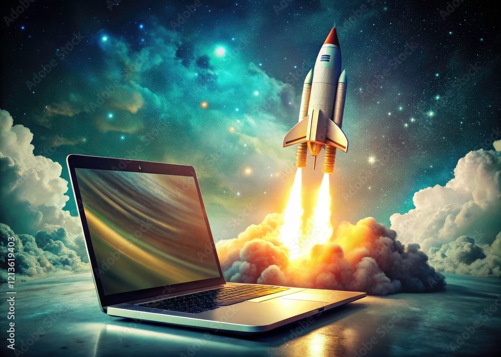 Naklejka premium AI-generated retro-futuristic space launch; a vintage laptop screen explodes with rocket power.