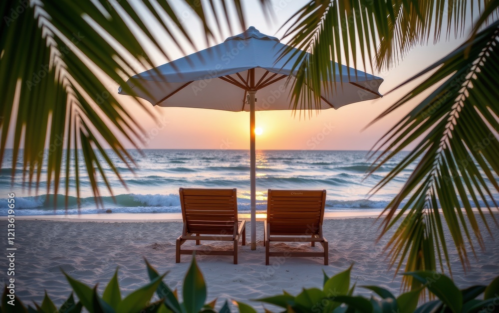 Fototapeta premium A tranquil beach scene at sunrise with two wooden lounge chairs positioned under a white umbrella.