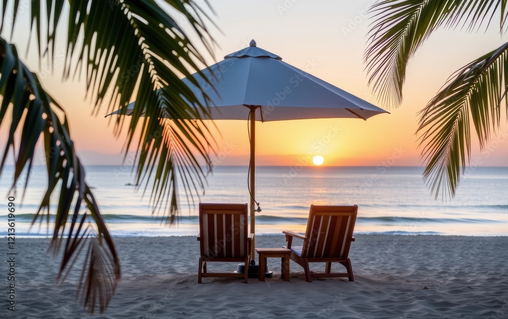 A tranquil beach scene at sunrise with two wooden lounge chairs positioned under a white umbrella. A tranquil beach scene at sunrise with two wooden lounge chairs positioned under a white umbrella.