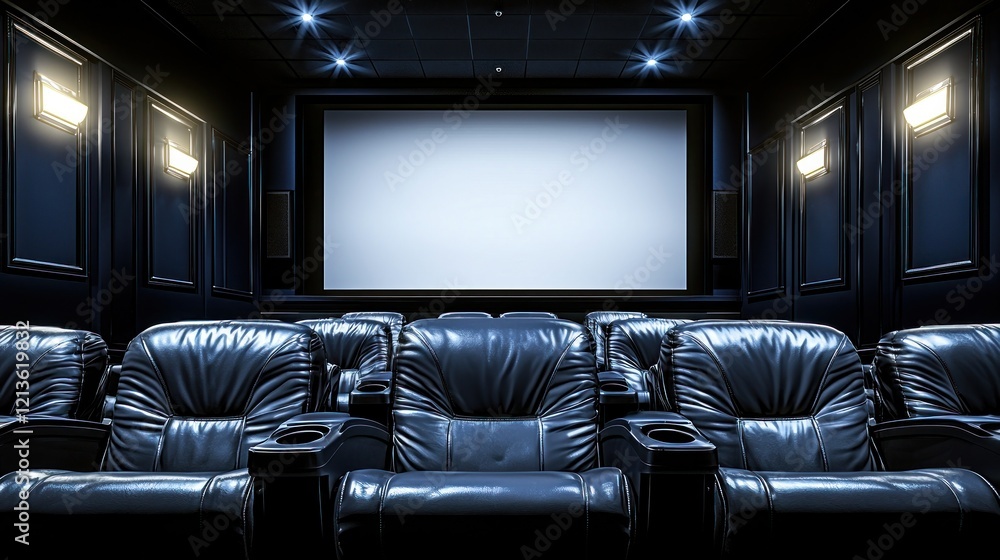 Obraz premium Luxury home theater, dark blue seats, blank screen, recessed lighting.