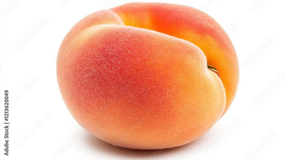 A perfectly ripe peach with fuzzy skin and vibrant colors, shot against a clean white background. The image showcases the fruit's A perfectly ripe peach with fuzzy skin and vibrant colors, shot against a clean white background. The image showcases the fruit's