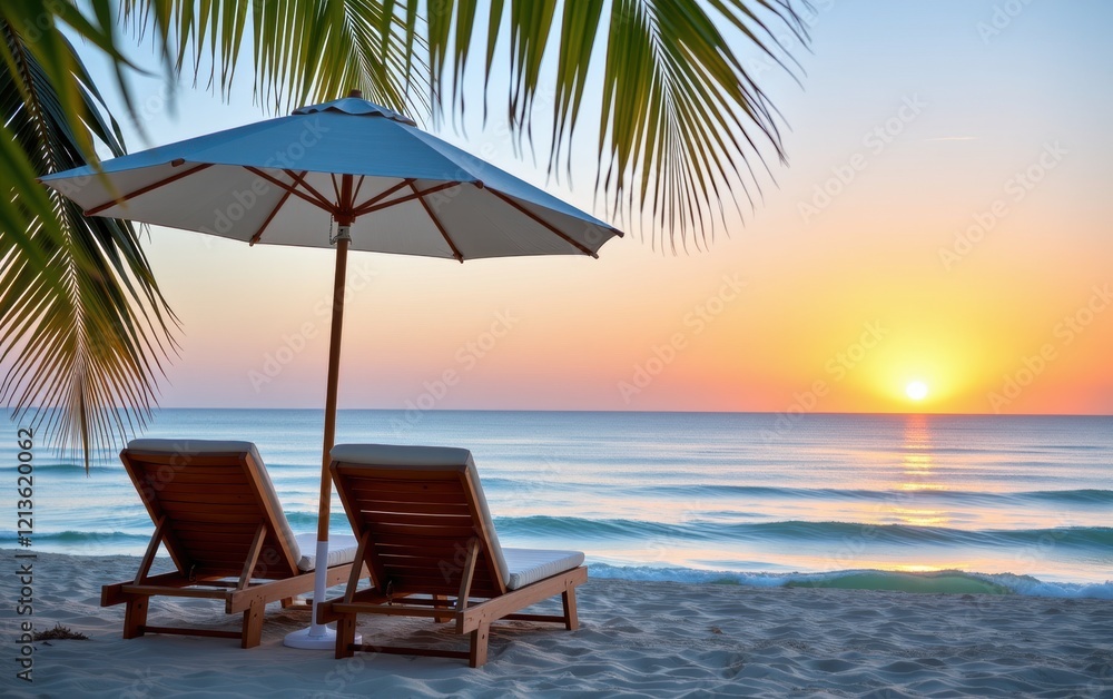 A tranquil beach scene at sunrise with two wooden lounge chairs positioned under a white umbrella. A tranquil beach scene at sunrise with two wooden lounge chairs positioned under a white umbrella.