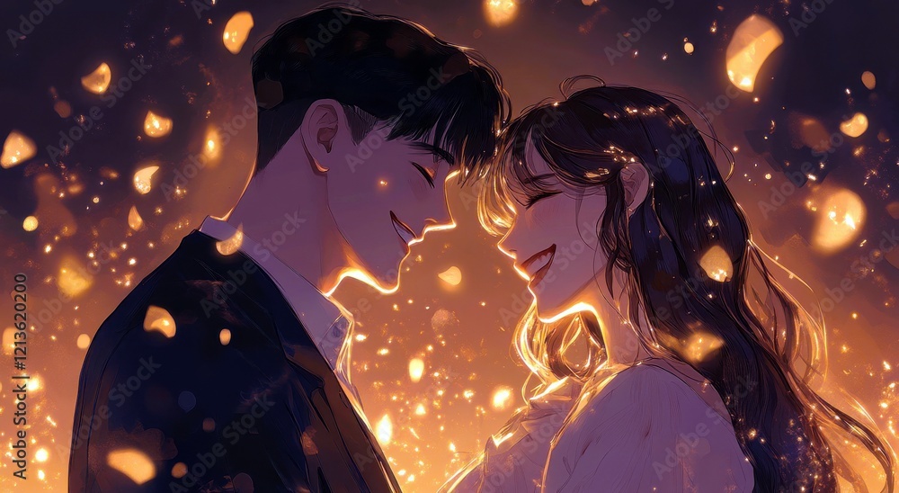 Romantic Couple Embracing Under Sparkling Lights in Dreamy Atmosphere with Soft Glow and Warm Emotions, Ideal for Love and Relationship Themes Romantic Couple Embracing Under Sparkling Lights in Dreamy Atmosphere with Soft Glow and Warm Emotions, Ideal for Love and Relationship Themes