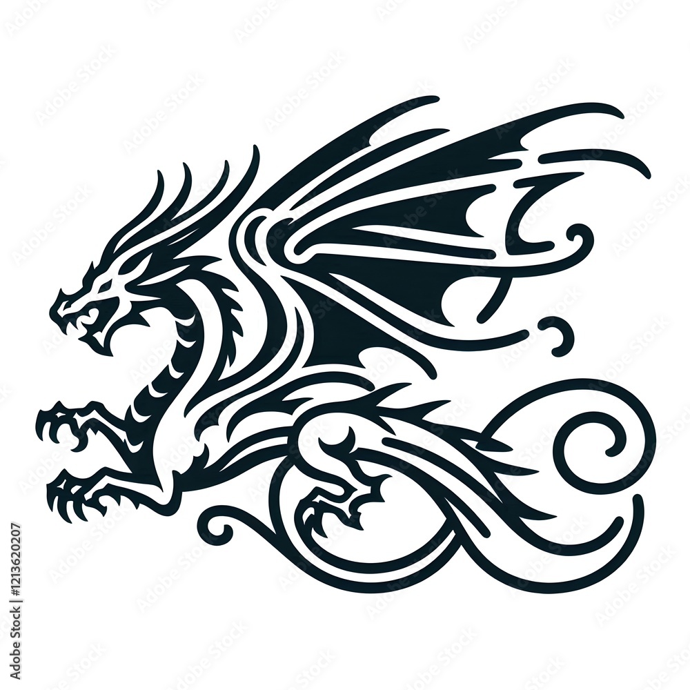 Fototapeta premium Simple outline of a dragon in flight, tattoo