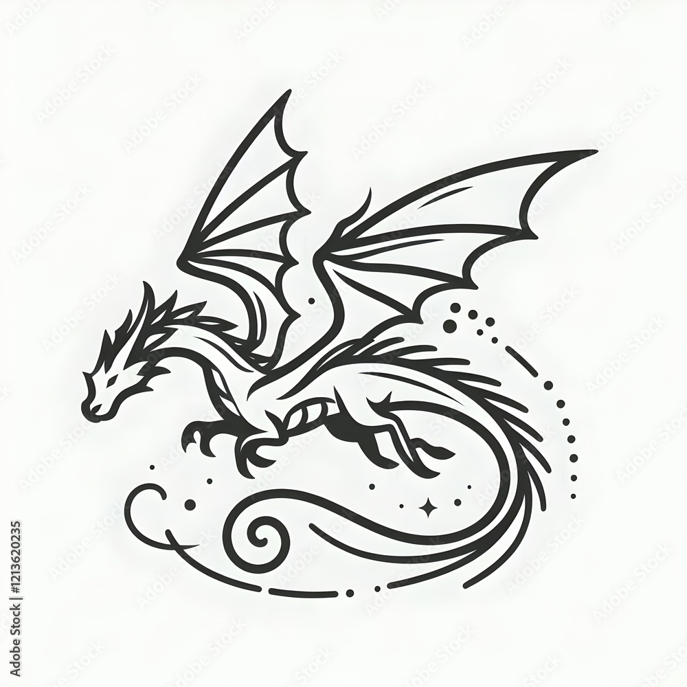Obraz premium Simple outline of a dragon in flight, tattoo