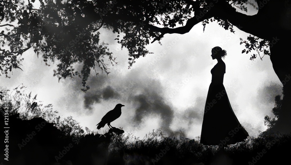 Fototapeta premium Mysterious silhouette of a woman in a flowing gown standing under a tree with a bird watching, creating an eerie yet captivating atmosphere in nature