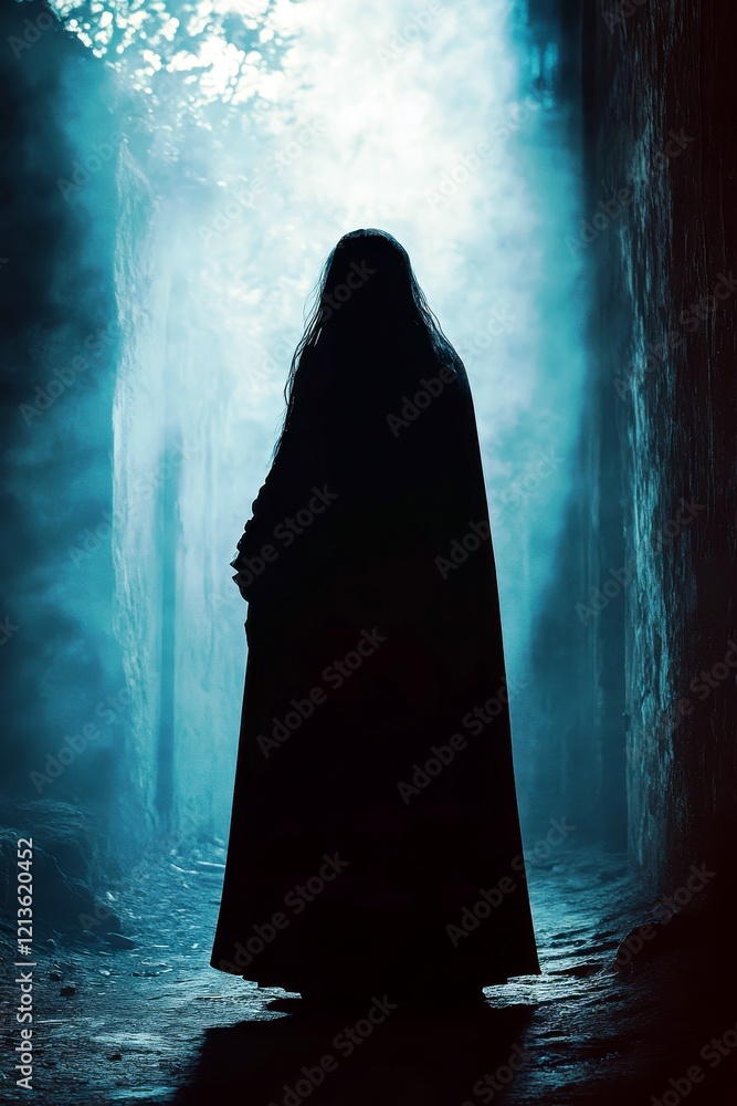 Mysterious Silhouette of a Figure in Cloak Surrounded by Fog in a Dark Pathway, Evoking Intrigue and Enigma in the Ambient Light Mysterious Silhouette of a Figure in Cloak Surrounded by Fog in a Dark Pathway, Evoking Intrigue and Enigma in the Ambient Light