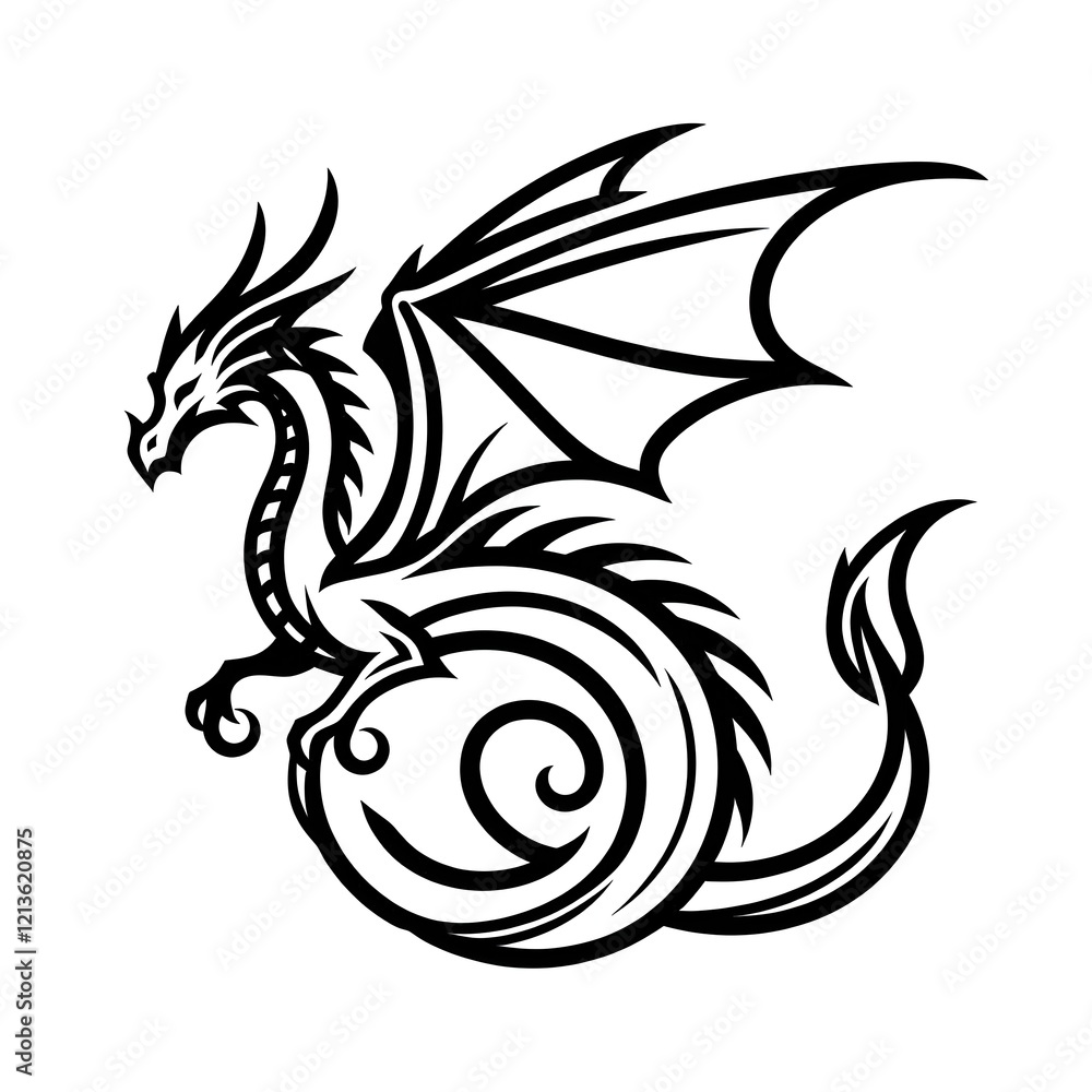 Fototapeta premium Simple outline of a dragon in flight, tattoo