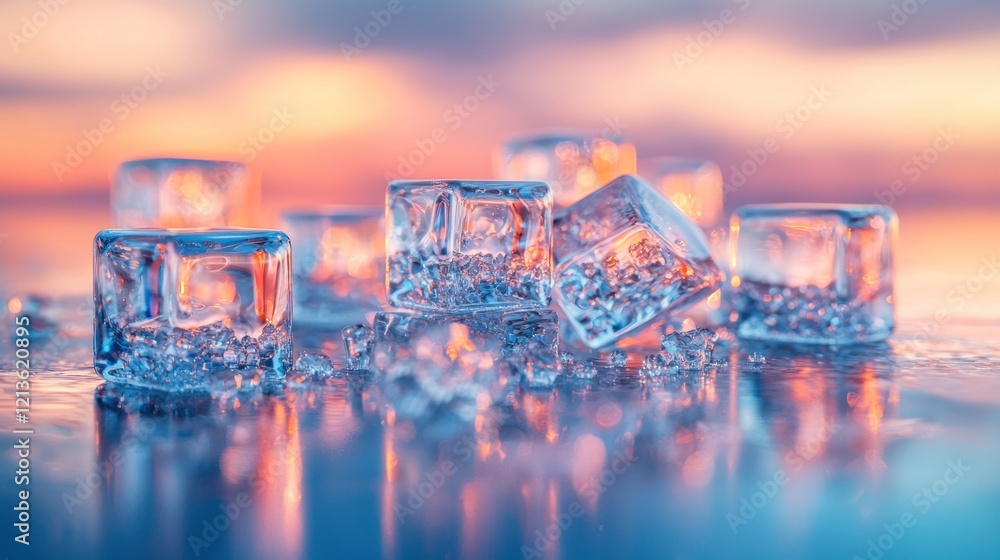 Sunset ice cubes, frozen water, reflective surface, background sky, drink chill. Sunset ice cubes, frozen water, reflective surface, background sky, drink chill.