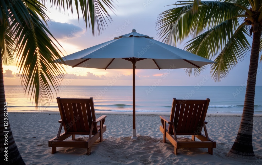 Obraz premium A tranquil beach scene at sunrise with two wooden lounge chairs positioned under a white umbrella.