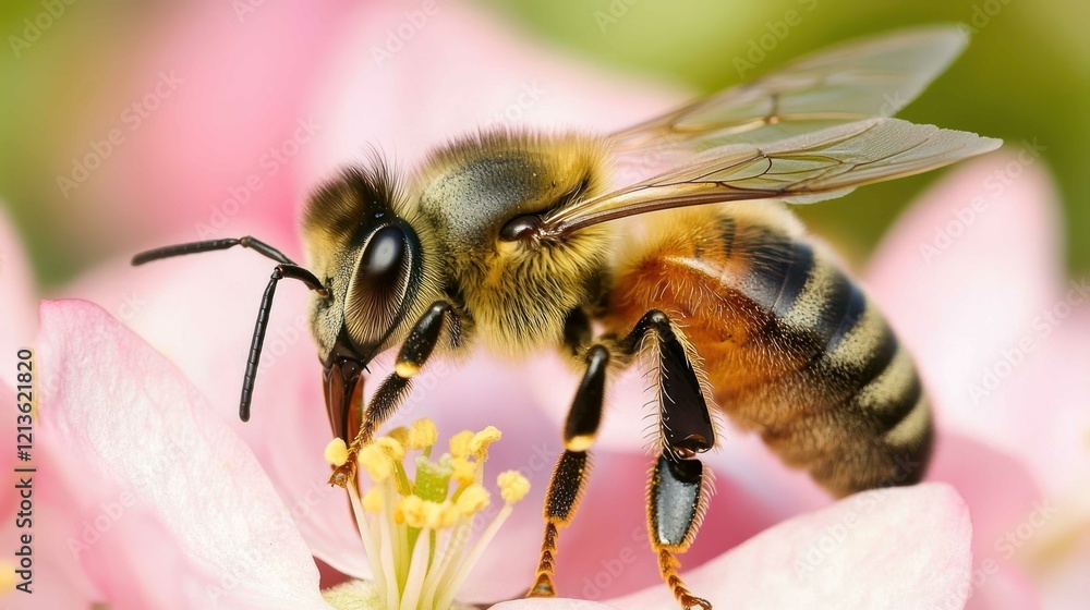 A bee pollinating apple blossoms, highlighting the connection between nature and agriculture in a vibrant close-up A bee pollinating apple blossoms, highlighting the connection between nature and agriculture in a vibrant close-up