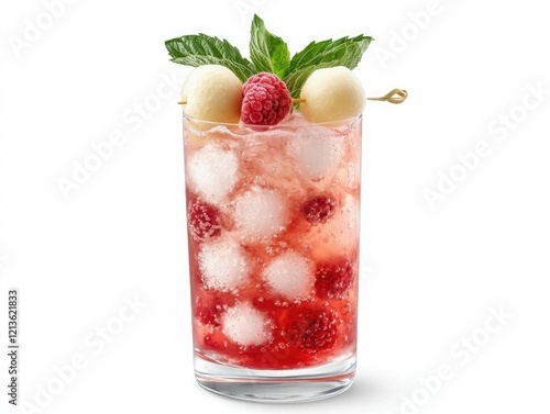 Honey Deuce: pink cocktail with honeydew melon garnish, mint sprig accent, isolated on white background, tennis-themed presentation.