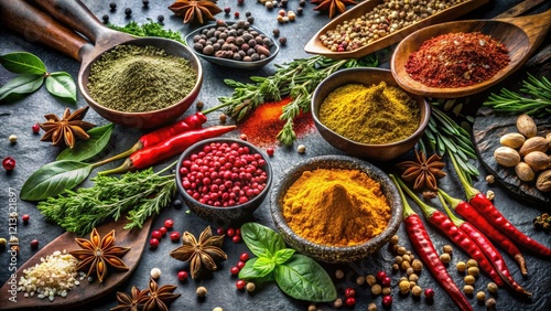 Aromatic herbs and spices scattered across a dark stone surface; evocative culinary photography. photo