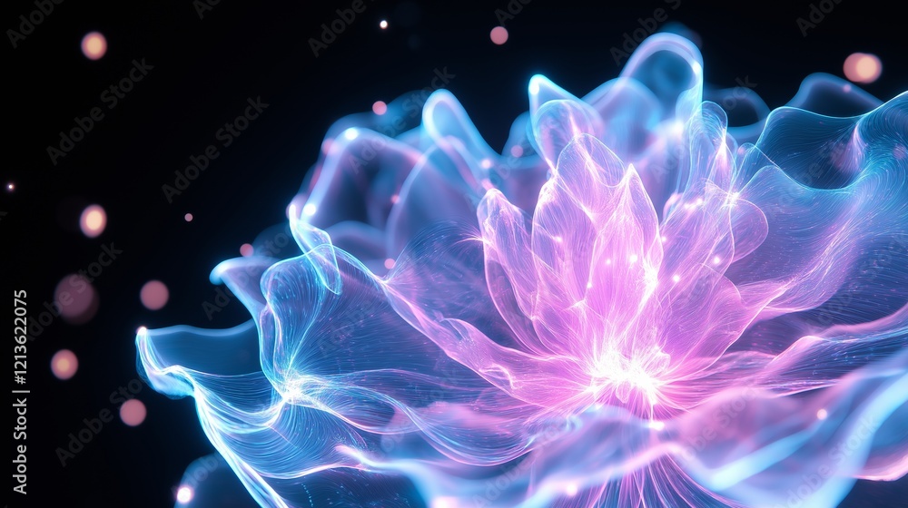 Obraz premium An abstract depiction of glowing pink and blue energy waves forming a floral-like pattern on a dark background. The vibrant design captures movement, light, and fluidity.