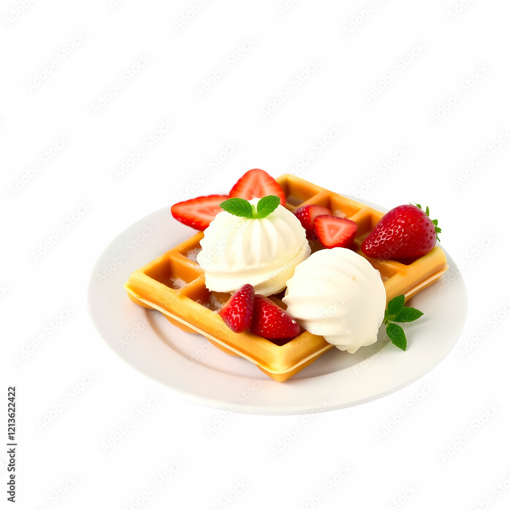 A waffles with strawberries and ice cream on white background A waffles with strawberries and ice cream on white background