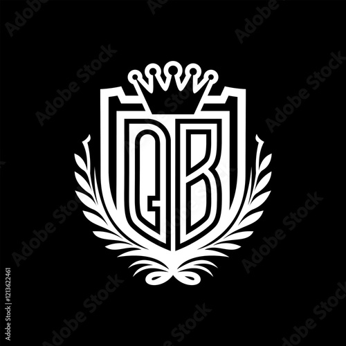 QB Letter logo heraldic shield shape with crown on black background template design