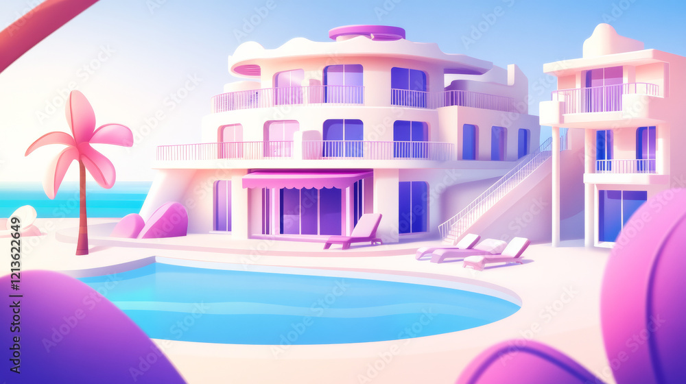 Modern resort with pool and palm trees in pastel colors Modern resort with pool and palm trees in pastel colors