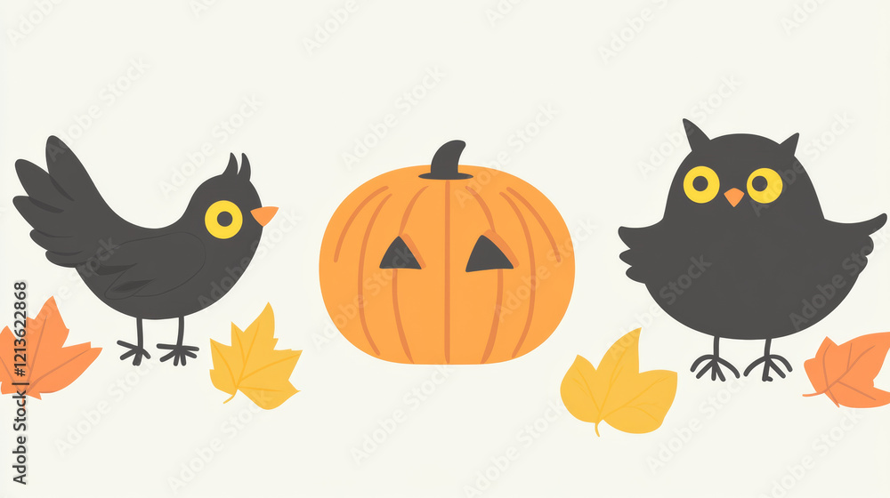 Pumpkin with bird and owl among autumn leaves Pumpkin with bird and owl among autumn leaves
