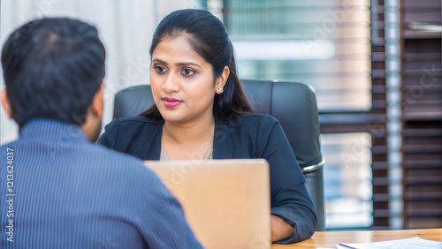 An Indian recruiter interviewing a candidate, with resumes and a laptop on the table.
 photo