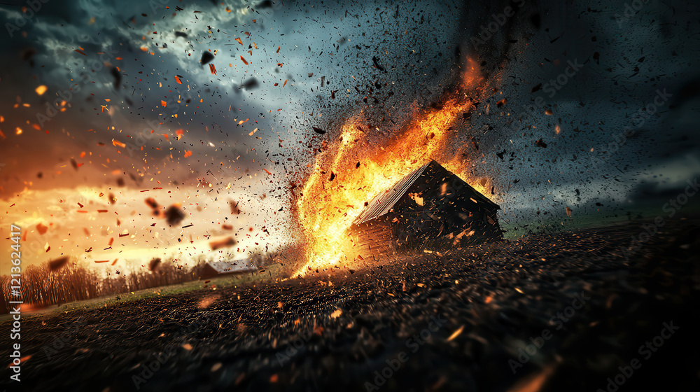 Naklejka premium wooden house engulfed in flames during violent storm, with debris flying and dramatic sky in background