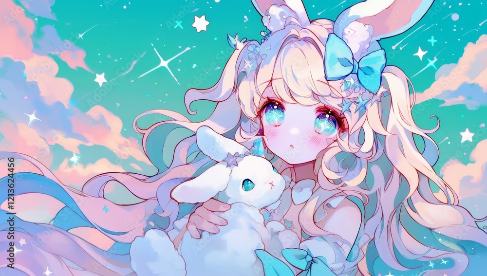 Obraz premium Enchanting pastel illustration of a girl with long hair, bunny ears, and a fluffy bunny set against a dreamy sky filled with sparkling stars and clouds