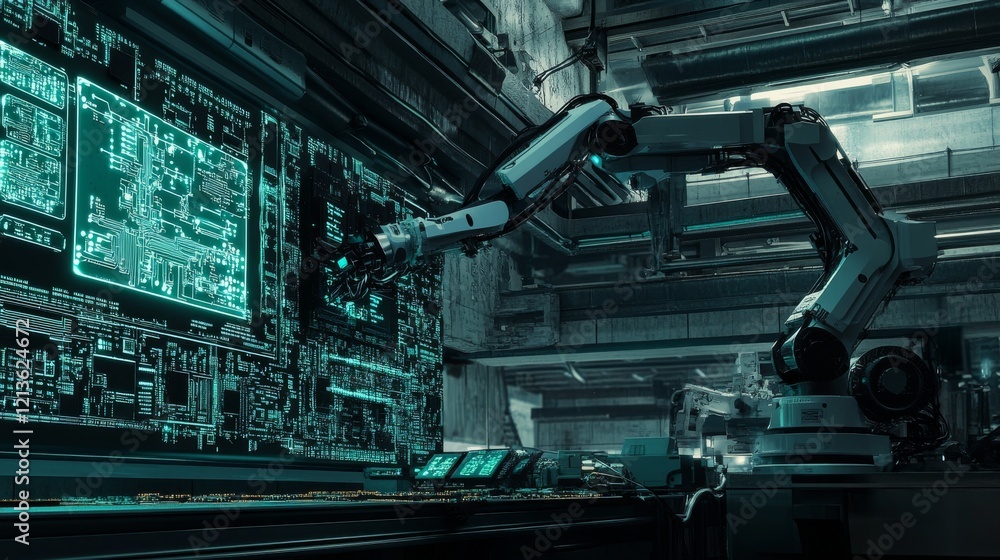 automated electronics production line, robotic arm with multiple joints, PCB board assembly, bioluminescent circuit paths, sophisticated machinery, deep tech aesthetics, premium quality automated electronics production line, robotic arm with multiple joints, PCB board assembly, bioluminescent circuit paths, sophisticated machinery, deep tech aesthetics, premium quality