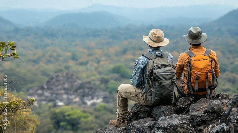 Two hikers sitting on rocks, enjoying a scenic mountain view. Two hikers sitting on rocks, enjoying a scenic mountain view.