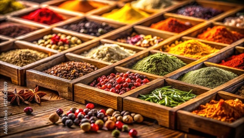 A miniature spice rack, vibrantly showcasing herbs and spices, captured with tilt-shift photography.