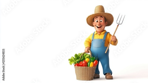 A cartoon farmer wearing overalls and a straw hat, holding a pitchfork, with a sack of vegetables on a white background.